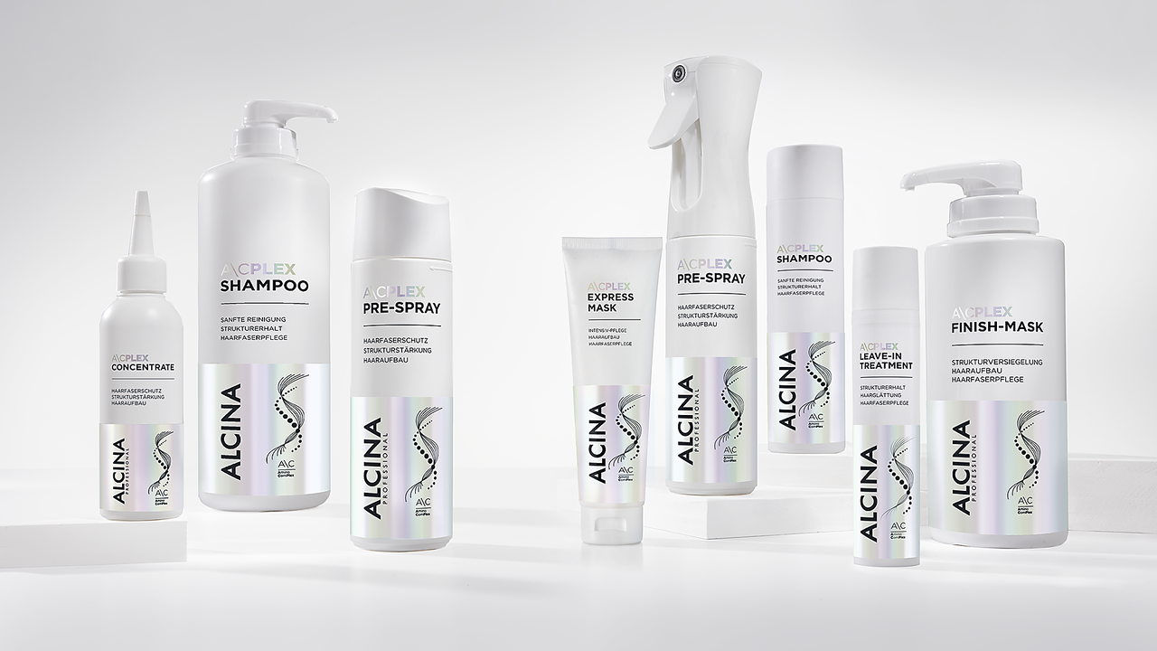 Komplettes ALCINA A\CPLEX Sortiment mit Concentrate, Shampoo, Pre-Spray, Express-Mask, Leave-in Treatment und Finish-Mask für umfassenden Haarfaserschutz und Strukturstärkung.