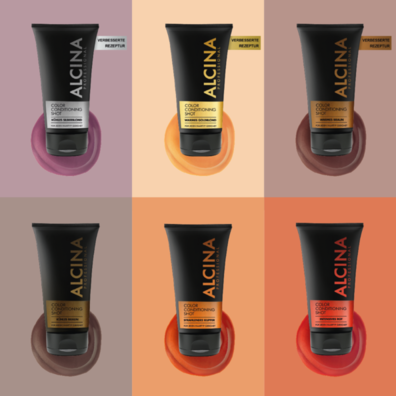 Darstellung der Alcina Color Conditioning Shots in den Farbtönen silberblond, goldblond, kühles braun, warmes braun, kupfer und rot auf einem Hintergrund in Pastellfarben