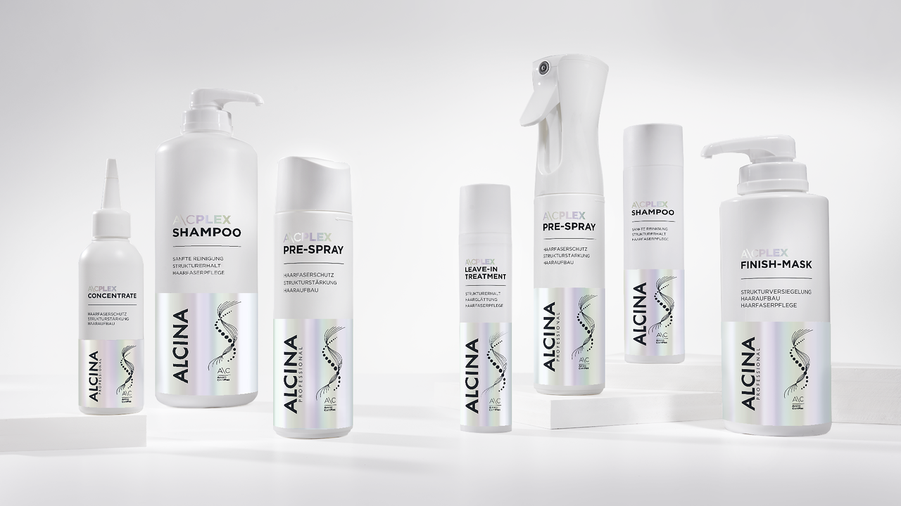 Gruppenbild Produktabbildung ALCINA AC Plex Systempflege bestehend aus fünf Produkten