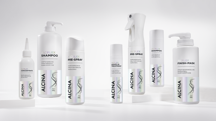 Gruppenbild Produktabbildung ALCINA AC Plex Systempflege bestehend aus fünf Produkten