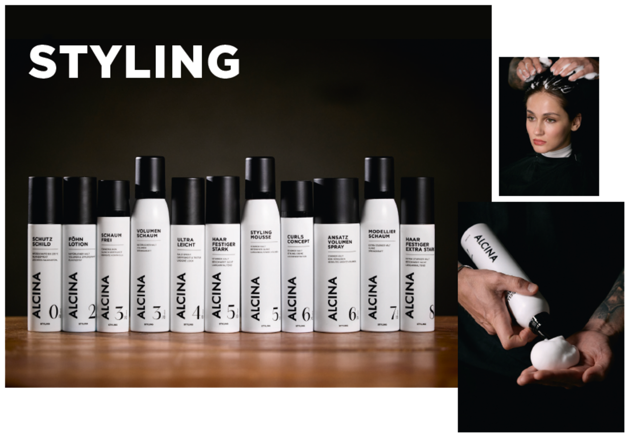 ALCINA Styling-Sortiment mit Schutz-Schild, Föhn-Lotion, Schaum-Frei, Volumen-Schaum, Ultra-Leicht, Haar-Festiger Stark, Curls Concept, Styling Mousse, Ansatz-Volumen, Modellier-Schaum und Haar-Festiger Extra Stark für vielseitige Stylingergebnisse.