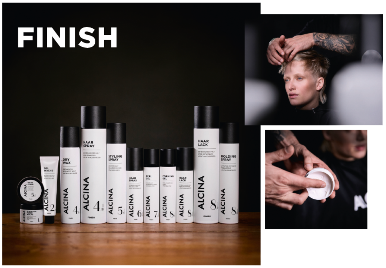 ALCINA Styling-Sortiment mit Ganz Stark, Gel Wachs, Dry Wax, Haar Spray, Styling Spray, Haar Spray, Perl Gel, Forming Gel, Haar Lack und Molding Spray für professionelle Styling-Fixierung und Finish im Salon.