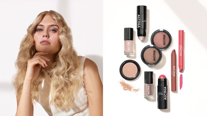 Werbebanner mit Produktabbildung der neuen Make-up Trendfarben von ALCINA neben in dezenten Farben geschminkten Model mit blonden offenen Haaren