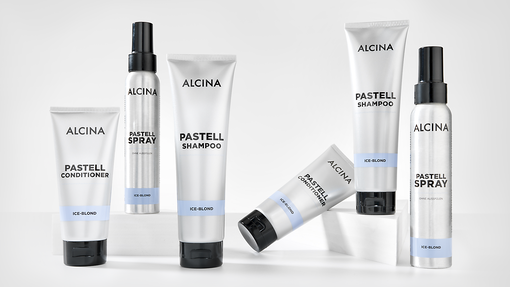 ALCINA Pastell Ice-Blond Pflegeserie mit Conditioner, Spray und Shampoo in verschiedenen Größen für die gezielte Pflege und Farbauffrischung kühler Blondtöne.