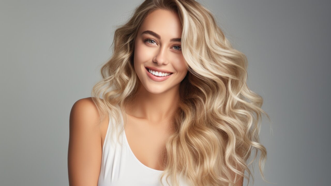Lächelnde Frau mit langen gewellten blonden Haaren und vielen hellen Babylight Strähnen im Haar