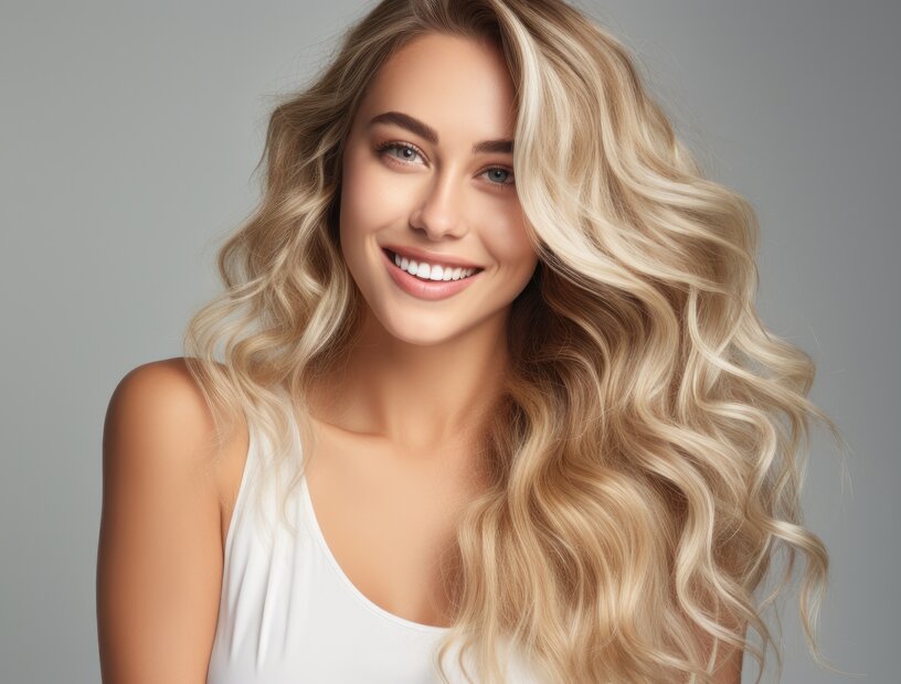Lächelnde Frau mit langen gewellten blonden Haaren und vielen hellen Babylight Strähnen im Haar