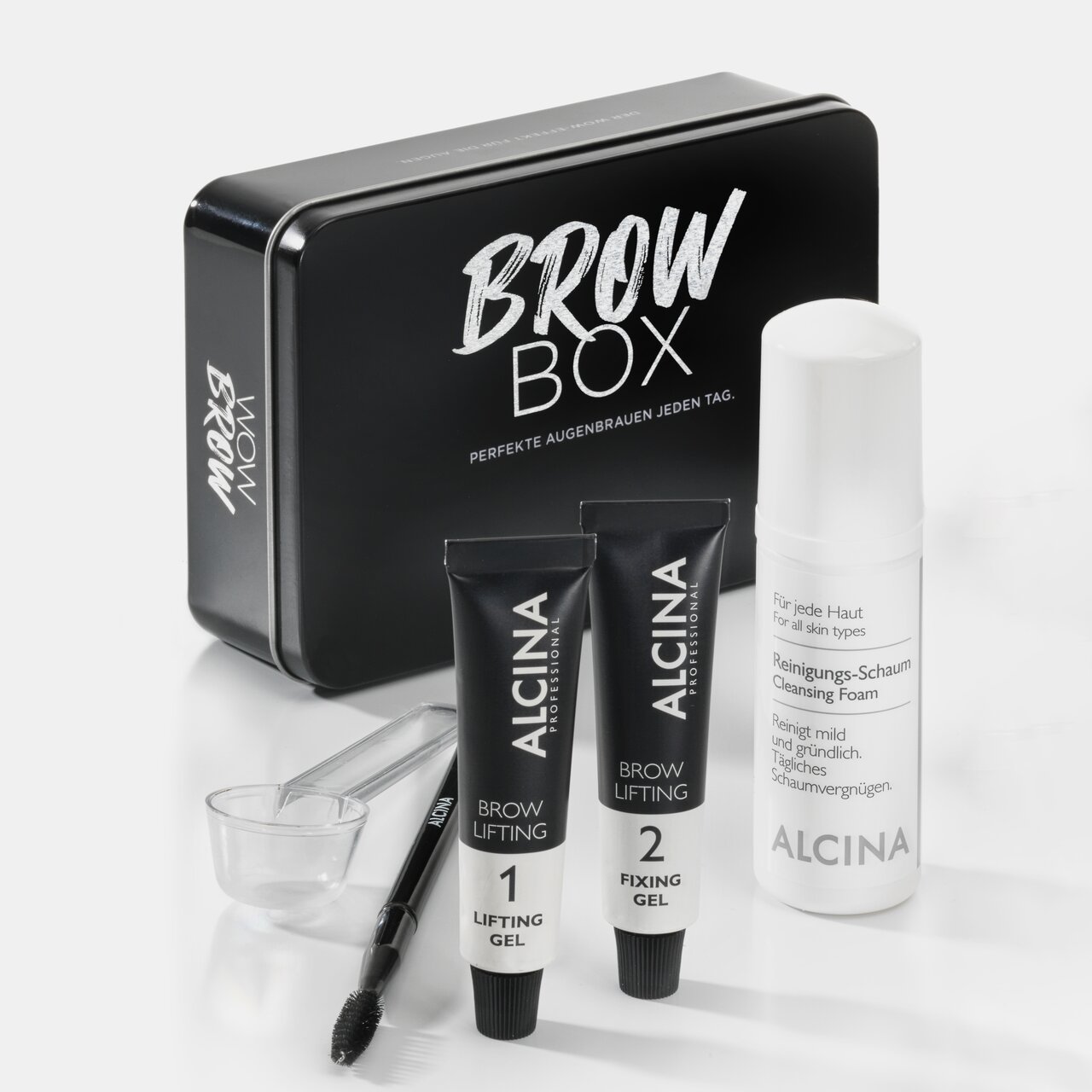 ALCINA Brow Lifting Set für die Anwendung durch das Fachpersonal mit Lifting Gel und Fixing Gel, Metallbox, Messbecher und mildem Reinigungsschaum