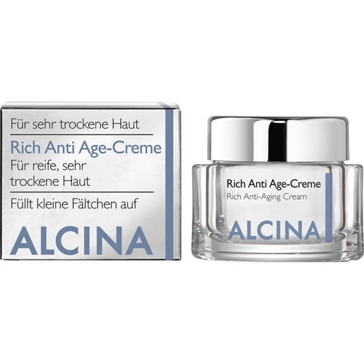 Tiegel und Faltverpackung ALCINA Rich Anti Age-Creme füllt kleine Fältchen auf