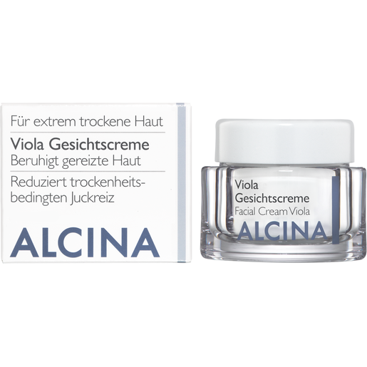 Tiegel und Faltverpackung ALCINA Viola Gesichtscreme bei trockener und gereizter Haut in der Größe 50ml
