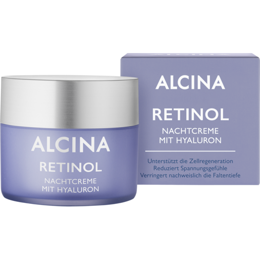Faltverpackung und Tiegel ALCINA Retinol Nachtcreme mit Hyaluronsäure und Sheabutter in 50ml