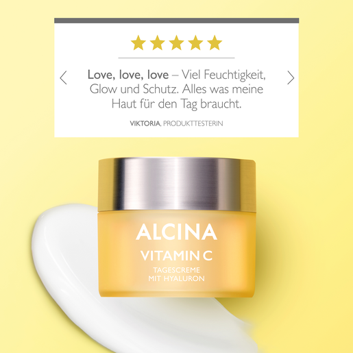 Tiegel auf gelben Hintergrund mit Kommentar ALCINA Vitamin C Tagescreme mit Hyaluronsäure und Traubenkernöl