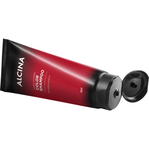 Produktabbildung geöffnete Tube liegend farbschützendes ALCINA Color-Shampoo rot in der Größe 200 ml
