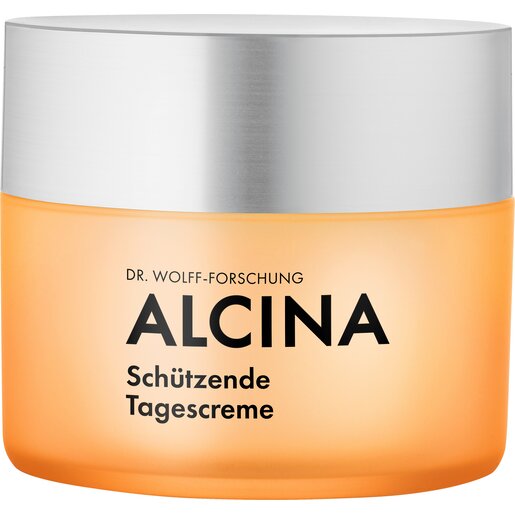 Produktabbildung gelber Cremetiegel mit mattsilbernem Deckel, ALCINA schützende Tagescreme mit Lichtschutzfaktor 30, Inhalt 50 ml