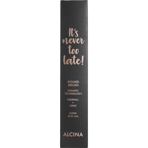 Verpackung schwarz mit kupferfarbener Schrift für ALCINA IT’S NEVER TOO LATE ROUND BRUSH Umfang 32 mm mit schwarzen Griff und kupfer-farbenen Bürstenkopf