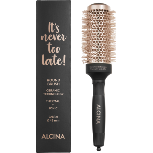Produktabbildung Rundbürste ALCINA IT’S NEVER TOO LATE ROUND BRUSH Umfang 45 mm mit schwarzen Griff und kupfer-farbenen Bürstenkopf neben schwarzer Verpackung