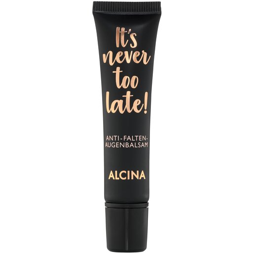 Produktabbildung stehende Tube in der Farbe schwarz mit kupferfarbener Aufschrift It's never too late Anti Falten Augenbalsam
