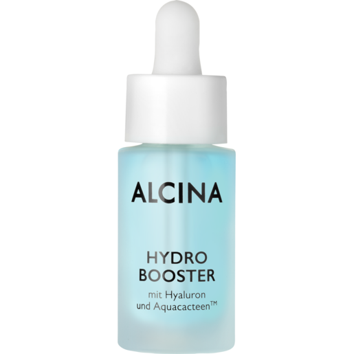 Flakon aus mattem Glas mit Pipette im Deckel, gefüllt mit blauer Flüssigkeit, ALCINA Hydro Booster, für eine erfrischte, optimal durchfeuchtete Haut, Inhalt 15 ml