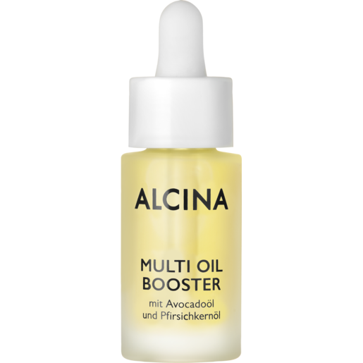 Produktabbildung Glasflakon mit Pipette im Deckel, gelbfarbener Inhalt ALCINA Multi Oil Booster Inhalt 15 ml