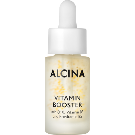 Glasflakon mit Pipette im Deckel. ALCINA Vitamin Booster. Inhalt 15 Milliliter farblose Flüssigkeit mit gelben Wirkstoffperlen.