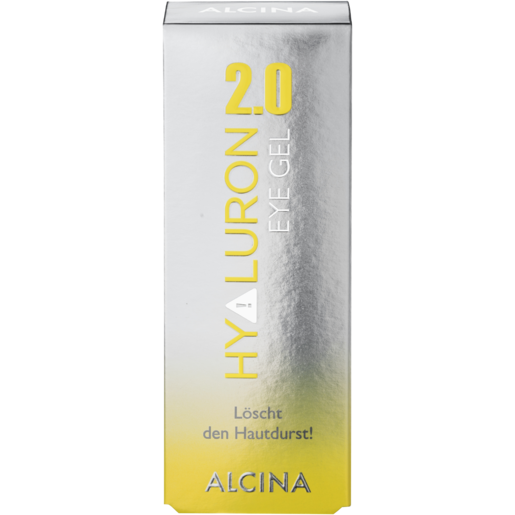 silberne Umverpackung mit weißer und neon-gelber Aufschrift ALCINA Hyaluron 2.0 Eye-Gel, Inhalt 15 ml