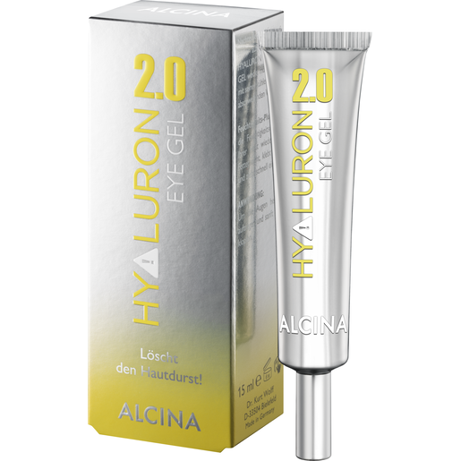 Gruppierung silberne Tube und Umverpackung mit weißer und neon-gelber Aufschrift ALCINA Hyaluron 2.0 Eye-Gel, Inhalt 15 ml