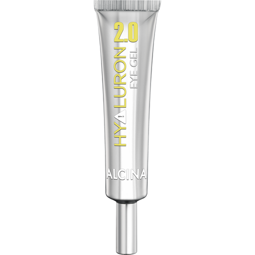 silberne Tube mit weißer und neon-gelber Aufschrift ALCINA Hyaluron 2.0 Eye-Gel, Inhalt 15 ml