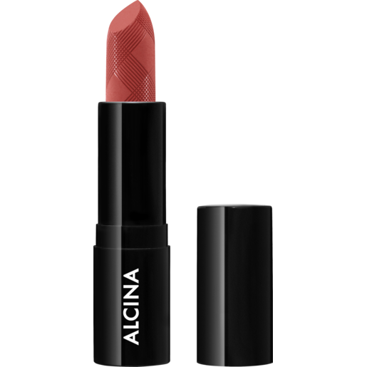 Produktabbildung offener Lipstick in der Farbnuance cosy red und weißer Aufschrift ALCINA