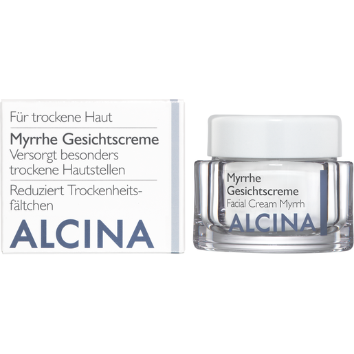 Faltverpackung und Tiegel ALCINA Myrrhe Gesichtscreme für trockene Haut in der Größe 50ml
