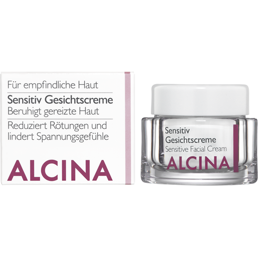 Faltverpackung und Tiegel ALCINA Sensitiv Gesichtscreme für eine gereizte Haut in der Größe 50ml
