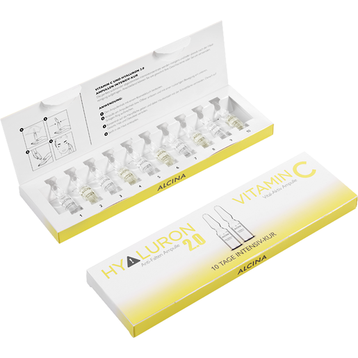 Schachtel ALCINA Hyaluron 2.0 und Vitamin C Ampullen Konzentrat zehn Tage Intensiv-Kur mit zehn Glas-Ampullen