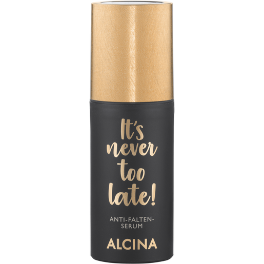 Produktabbildung schwarzer Pumpspender mit kupferfarbenen Deckel und Aufschrift It's never too late Anti Falten Serum Inhalt 30 ml