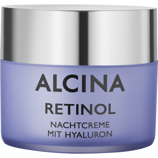 Produktabbildung mattblauer Cremetiegel aus Glas mit silberfarbenem Deckel, ALCINA Retinol Nachtcreme, Inhalt 50 ml