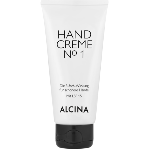 weiße Tube mit schwarzer Aufschrift ALCINA Handcreme N°1 mit Lichtschutzfaktor 15, Inhalt 50 ml