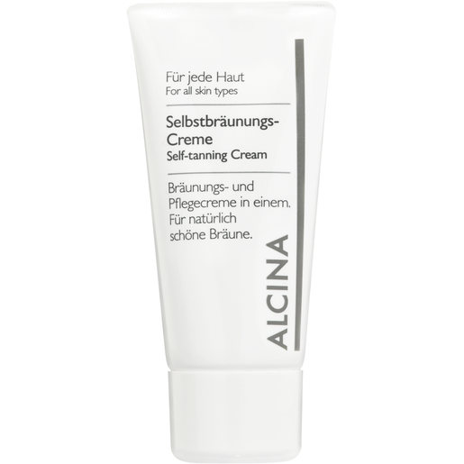 Produktabbildung weiße Tube stehend mit grauer Schrift Selbstbräunungscreme für jede Haut