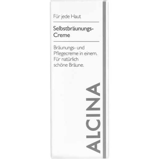 Produktabbildung weiße Faltschachtel stehend mit grauer Schrift Selbstbräunungscreme für jede Haut