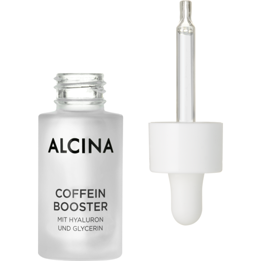 Produktabbildung Glasflasche geöffnet mit Pipette ALCINA Coffein Booster für eine frische, weniger müde aussehende Haut in der Größe 15 ml