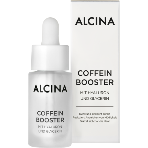 Produktabbildung Gruppe Glasflasche und Faltschachtel ALCINA Coffein Booster für eine frische, weniger müde aussehende Haut in der Größe 15 ml