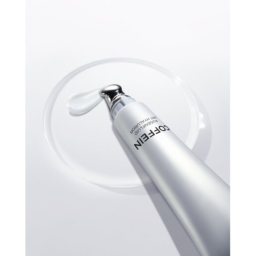 Produktabbildung Tube liegend mit Applikator und Textur ALCINA Coffein Augenfluid für eine strahlende Augenpartie