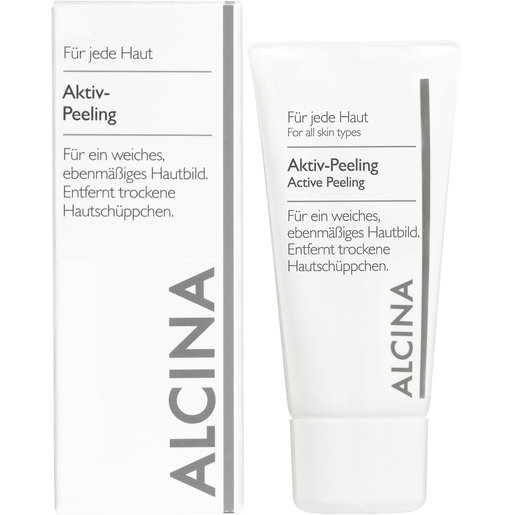 ALCINA Aktiv-Peeling Produktabbildung Gruppe Tube und Faltschachtel ALCINA Aktiv-Peeling für ein weiches, ebenmäßiges Hautbild in der Größe 50 ml