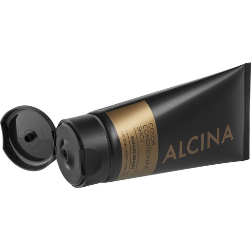 Produktabbildung geöffnete Tube ALCINA Color-Conditioning-Shot Kühles Braun in der Größe 150 ml für eine intensive Farbauffrischung