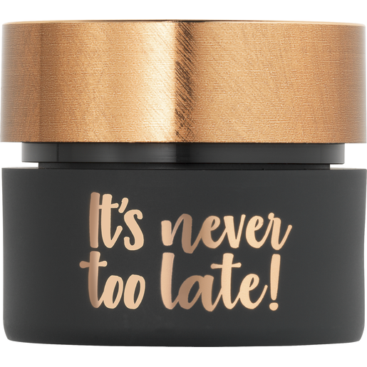 Produktabbildung schwarzer Cremetiegel mit kupferfarbenen Deckel. Aufschrift It's never too late Gesichtscreme Inhalt 50 ml