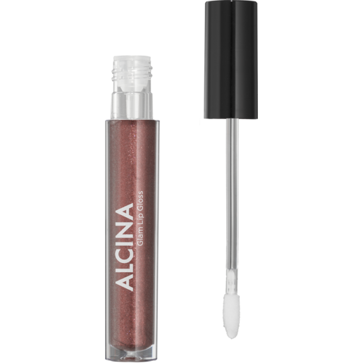 Offener ALCINA Glam Lip Gloss mit Applikator, in einem schimmernden, rosé-braunen Farbton