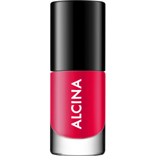 Nagellackflasche in der Farbe Raspberry Tart, ein leuchtendes Pink mit schwarzem Deckel und weißem ALCINA-Schriftzug