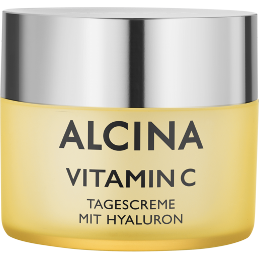 geschlossener Tiegel in gelb mit mattsilbernem Deckel. ALCINA Vitamin C Tagescreme mit Hyaluron und Traubenkernöl. Inhalt 50 ml