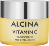 geschlossener Tiegel in gelb mit mattsilbernem Deckel. ALCINA Vitamin C Tagescreme mit Hyaluron und Traubenkernöl. Inhalt 50 ml