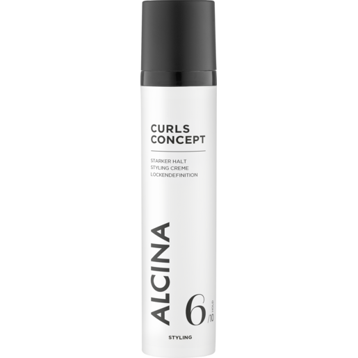 ALCINA Curls Concept Styling Creme in schlanker weißer Flasche mit schwarzem Deckel, Hold Faktor 6 von 10 für definierte, langanhaltend geformte Locken.