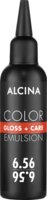 Schmale schwarze Alcina-Applikatorflasche, weißer Aufdruck „Color Gloss + Care Emulsion“ und der Farbnuance 6.56 Dunkelblond-Rot-Violett