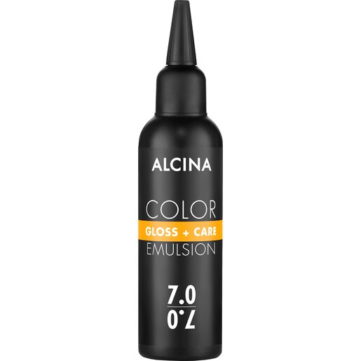 Schmale schwarze Alcina-Applikatorflasche, weißer Aufdruck „Color Gloss + Care Emulsion“ und der Farbnuance 7.0 Mittelblond