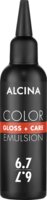 Schmale schwarze Alcina-Applikatorflasche, weißer Aufdruck „Color Gloss + Care Emulsion“ und der Farbnuance 6.7 Dunkelblond-Braun