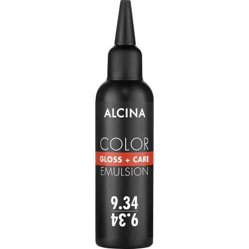 Schmale schwarze Alcina-Applikatorflasche, weißer Aufdruck „Color Gloss + Care Emulsion“ und der Farbnuance 9.34 Lichtblond-Gold-Kupfer